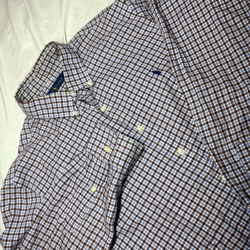Ralph Lauren Mens Gingham Check Button Down Shirt Brown Blue White Large L